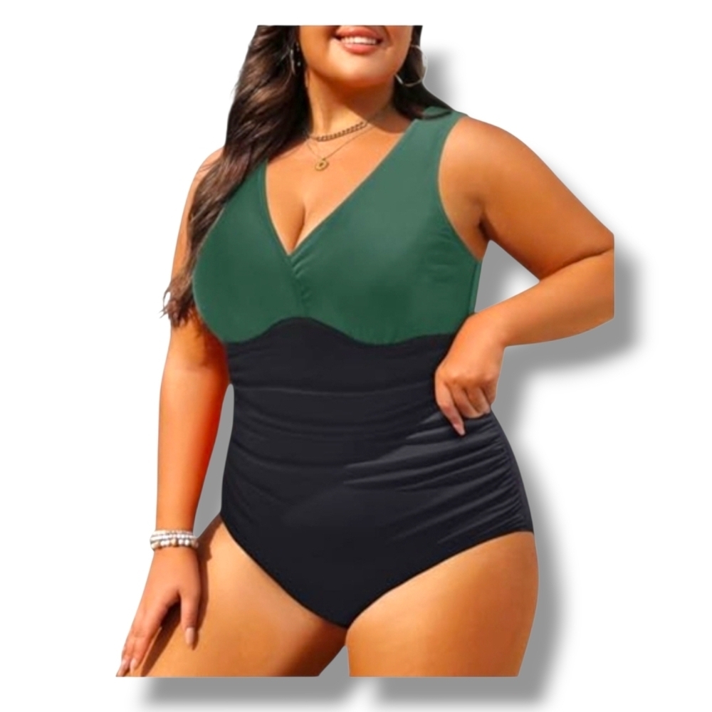 AQUA EVE - 20W Green & Black Tummy Control Swimsuit - Picture 4 of 9